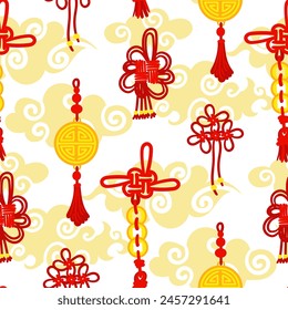 A pattern of red threads is tied into Chinese knots for good luck, amulets symbolizing prosperity with clouds. Threads, gold coins, amulets are scattered. Asian traditional materials in repetition