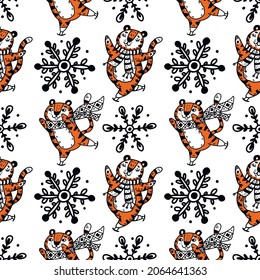 Pattern with red tigers on skates. New Year's pattern with tigers and snowflakes on a white background. Vector illustration in hand-drawn style