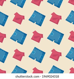 A pattern of red T-shirt and denim shorts on a beige background for web design or textiles