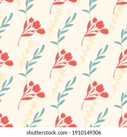 Pattern of red tulips and green and gold twigs