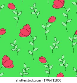 Pattern red tulips on a light green background