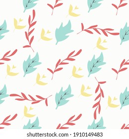 Pattern of red twigs green leaf and yellow on a white background