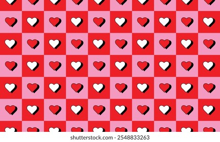 Pattern with red and white checkered hearts