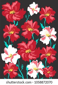 pattern with red and white flowers on a black background