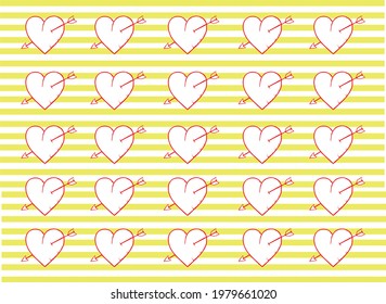 pattern of red and white hearts with atrvexed arrow, with a background of yellow and white lines