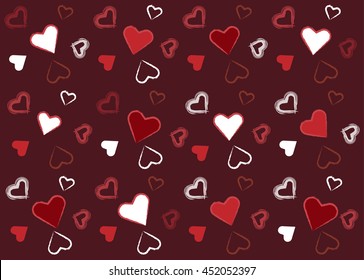 Pattern with red and white hearts of different circuit. Hearts valentine background. Vector. Illustration.