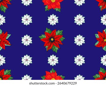 Pattern of red and white poinsettia flowers with green leaves on a dark blue background, creating a festive, holiday-themed design.