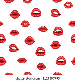 Pattern red woman lips with smile on white background. Sensual female mouth with white toothed smile seamless pattern. Beautiful woman lips with red lipstick
