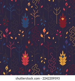 A pattern of red, yellow, blue leaves and twigs. Seamless vector pattern on a blue and purple background.