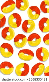 a pattern of red and yellow gummy chewy candys on white background