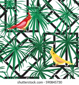 Pattern with red and yellow parrot, green leaves and geometric background black and white