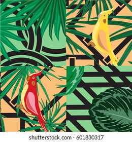 Pattern with red and yellow parrot, green leaves and geometric background black, green and brown