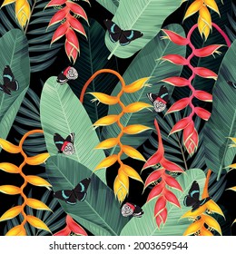 Pattern with red and yellow tropical flowers