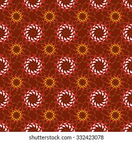 Pattern of red, yellow and white spiky floral circles on a dark red background