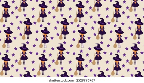 pattern, red-haired witch, with her back holding a broom, with braids in her hair, and a black dress, illustration