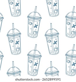 Padrão de copos de bebidas refrescantes com gelo e canudos projetados para uma atmosfera com tema de verão