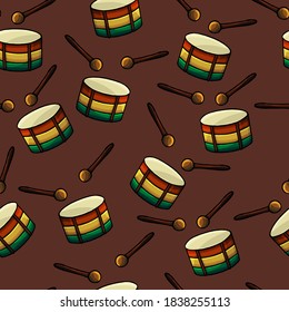 Pattern of reggae drums on brown background, reggi, Jamaica, cartoon style, decoration, wallpaper, gift paper, ornate, fashion, celebration, for clothes, fabric, cloth, wrapping, joy, vector drump