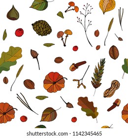 Pattern, repeating pattern. Autumn, warm shades. Pumpkin, nuts, mushrooms, branches, berry. Vector drawing. For wallpaper, wrapping paper, packaging.