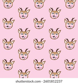 The pattern is a repeating design of cute deer heads on a light pink background.