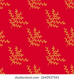 O padrão é um design repetido em um plano de fundo vermelho. O desenho consiste em ramos estilizados pintados em amarelo-dourado, pequenas "folhas" arredondadas ou "bagas" nas extremidades de caules curtos.