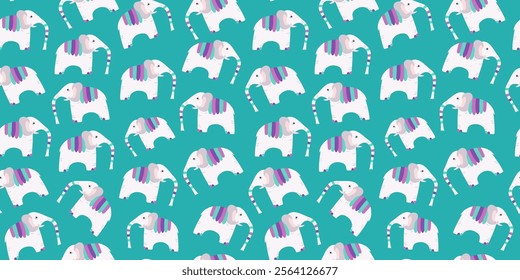 Pattern repeating elephants with multicolored blanket. Elephant day, elephant protection. Animal of Africa, India. Circus, zoo. Seamless background.