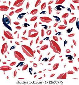 pattern with repeating eyes and lips. Girlish print. World Kiss Day, Valentine s Day. Beauty and cosmetics background. For wrapping paper, fabric, wallpaper. Flat vector illustration.