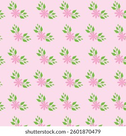 The pattern is a repeating floral design featuring small clusters of pink flowers and green leaves arranged diagonally across a light pink background.