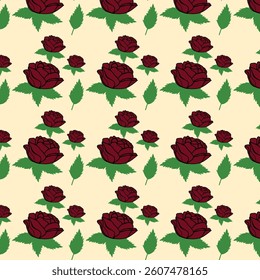 The pattern is a repeating floral design featuring dark red roses with green leaves on a light yellow background. The roses are arranged in a grid-like structure.
