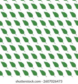 The pattern is a repeating motif of small, green leaves arranged in diagonal rows against a white background. 
