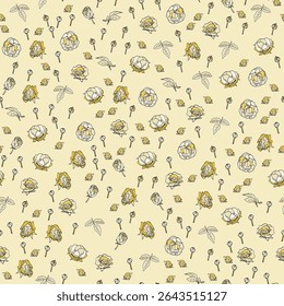 The pattern is a repeating pattern on a red background. The pattern consists of stylized golden branches with leaves. The leaves have clear contours with a detailed inner texture that mimics.