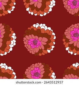 The pattern is a repeating pattern of peonies on a dark red background. Each flower consists of many petals arranged in a circle. The petals are different shades of brown, pink and white. 