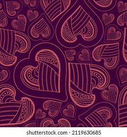 Pattern repeating red linear hearts with patterns on a purple background, for valentine's day.