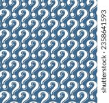 the pattern of repeating white question marks with a blue background is suitable for products with a mysterious impression such as a mystery box