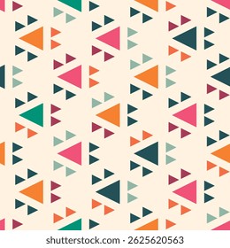 Pattern repeats across the frame, with larger triangles in shades of orange, pink, teal, and dark blue. Each large triangle is accompanied by two smaller triangles of different colors.