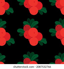 Pattern of repetitive lingonberry berries with leaves. Image isolated on black background. Design element for use in design of sites clothing stationery postcards. Vector illustration.