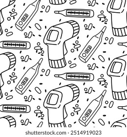 pattern is represented by various doodle thermometers. Non-contact infrared, mercury, electronic thermometers. Contour elements for measuring temperature case of illness. Illnesses, colds, high fever