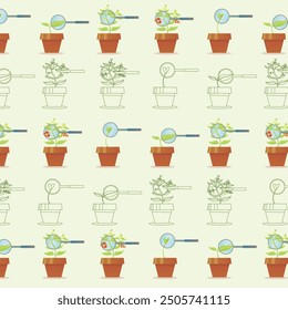 Un patrón con plantas de investigación con lupa en diferentes etapas de crecimiento