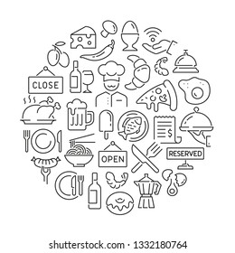 Pattern with restaurant and food. Black and white thin line icons