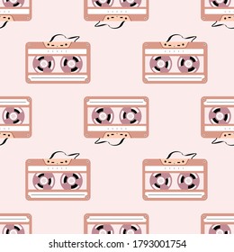 Pattern of retro audio tape cassettes. Flat design vector illustration.