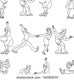 Pattern retro dance.Dance couple silhouette. Seamless retro silhouette dancer.Charleston  party dance vintage people isolated on white background. Outline hand drawn vector