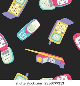 Pattern with retro mobile phone devices. Mobile phones with buttons. Cute and stylish from 90s. Hand drawn vector illustration. Vintage electronics. Flip phone
