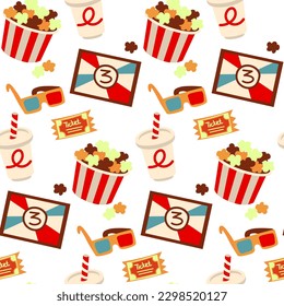 A pattern of retro movie elements. Screen, popcorn, 3d glasses, ticket, soda. Cinematic junk food while watching a movie. Printing on textiles and paper. Packaging for movie theaters in cartoon style