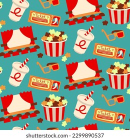 A pattern of retro movie elements. Screen, popcorn, 3d glasses, ticket, soda. Cinematic junk food while watching a movie. Printing on textiles and paper. Packaging for movie theaters in cartoon style