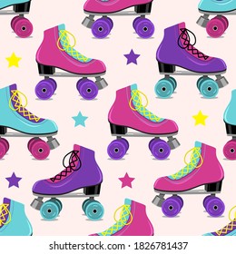 Pattern of retro roller skates on pink  background. Vector illustration.