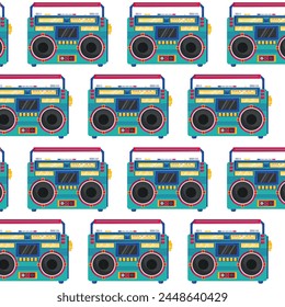 Pattern with a retro tape recorder. Boombox in flat style. Pattern for textile, wrapping paper, background.	