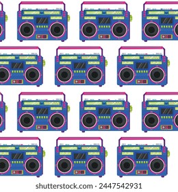 Pattern with a retro tape recorder on a transparent background. Boombox in flat style. Seamless pattern for textile, wrapping paper, background.