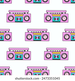 Pattern with a retro tape recorder on a white background. Boombox in flat style. Seamless pattern for your design textile, wrapping paper, background.