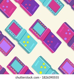 Pattern Of Retro Tetris Electronic Game. Vintage Style Pocket Brick Game. Vector Illustration.