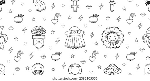 Pattern in retro trippy style. 80s 70s 60s groovy cartoon sticker seamless patter. Psychedelic party abstract wallpaper. Daisy flower, ufo, smiley face, mushroom. 1970s pop smile character background