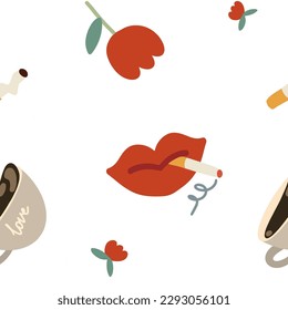 pattern retro vibe, smoking lips, cigarettes, coffee, flower, red rose, love, red lips, summertime wrapping paper, doodle designs, girl power 